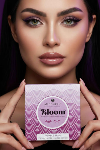 Modèle femme portant les extensions de cils Misencil Bloom Violet, regard intense et effet sophistiqué