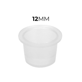 Godets jetables transparents de 12 mm pour maquillage permanent et rehaussement de cils, présentés en paquet de 100 sur fond blanc.