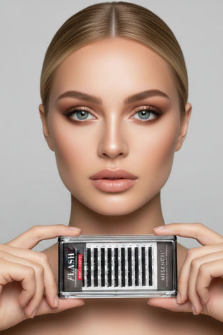Modèle femme portant les extensions de cils Misencil Flash noires, effet volume et regard intense