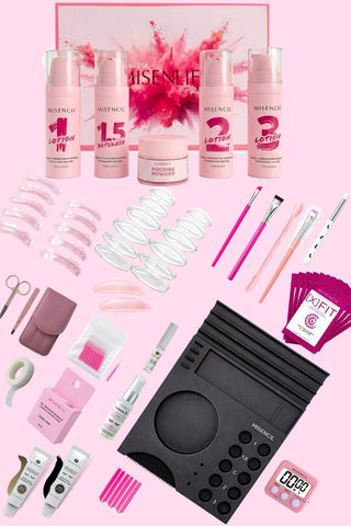 Kit complet Misenlift Poudre Duo Luxe pour lash lift coréen et brow lift professionnel avec lotions, poudre, coussinets et accessoires.