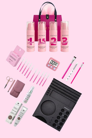 Kit Misenlift Poudre Sourcils pour brow lift professionnel avec lotions, accessoires Misencil et outils de structuration des sourcils.