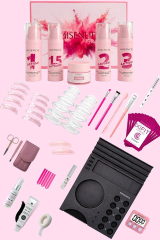 Kit Misenlift Poudre Cils pour rehaussement de cils professionnel, incluant lotions, poudre épaississante, coussinets, pinceaux et accessoires lash lift.