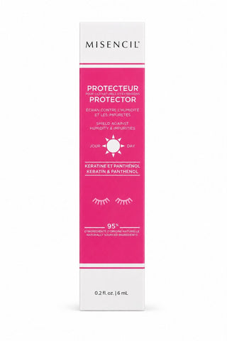 Protecteur Misencil pour extensions de cils, soin jour anti-humidité avec kératine et panthénol, boîte rose et blanche sur fond blanc.