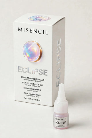 Colle transparente pour extensions de cils ÉCLIPSE ROSE MISENCIL, boîte blanche et flacon rose