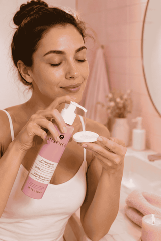Femme appliquant le démaquillant Misencil sur un disque de coton dans une salle de bain