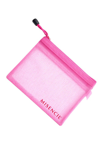 Trousse Misencil rose en mesh nylon avec fermeture éclair, accessoire pratique pour maquillage et cils