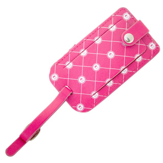 Étiquette de bagage rose Misencil avec motifs et fenêtre pour informations.